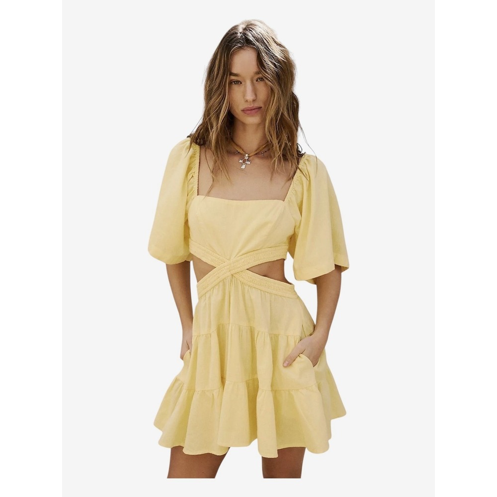 Free People Cross of Sunlight Mini Dress Yellow Cotton Linen Cutout Vacation M
